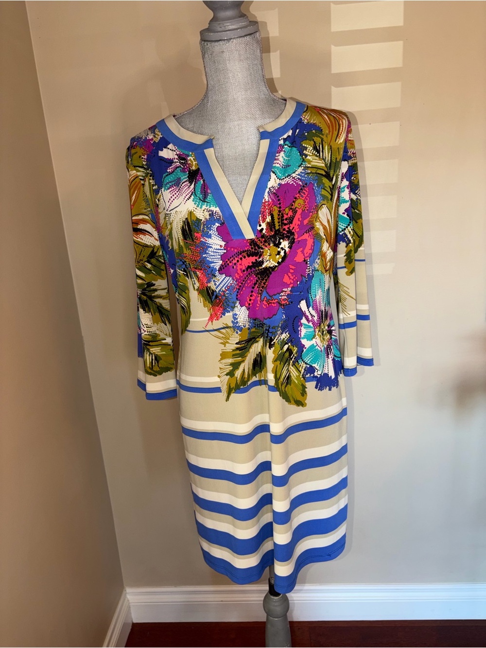 Nine West Floral Stripe Sheath Dress | Size 6 | 3/4 Sleeves
